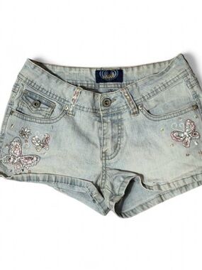 Angels Low Rise Light Wash Butterfly Sequin Denim Shorts